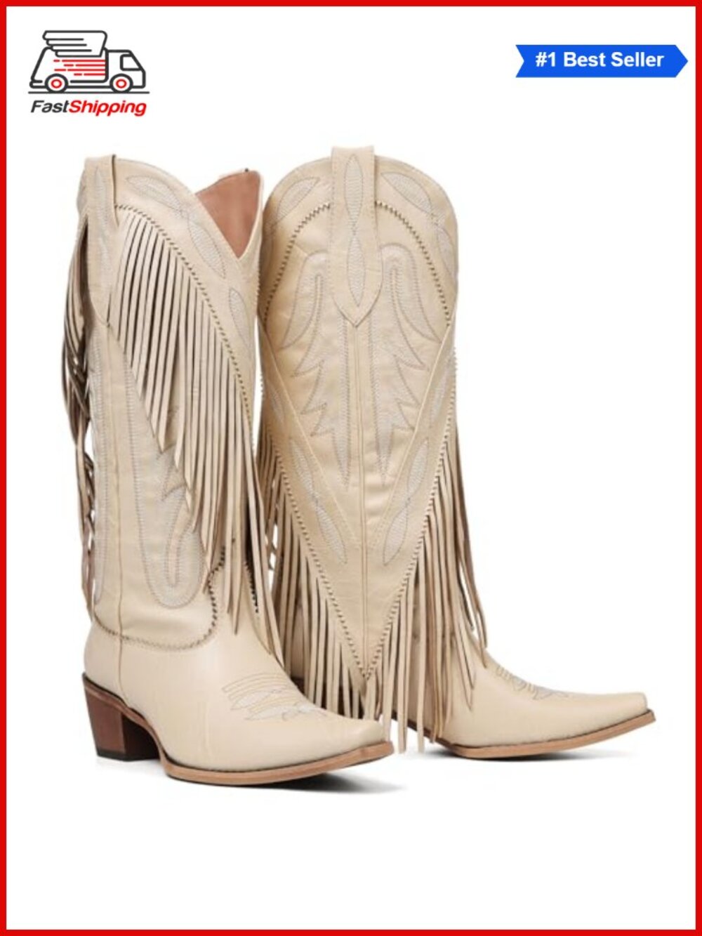 ✨ Fringe Knee High Western Boots Pointed Toe Chunky Heel Cowgirl Boots Faux